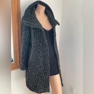 Black L 22”PTP Club Monaco wool mix coat funnel neck mid bouclé tweed Darelle